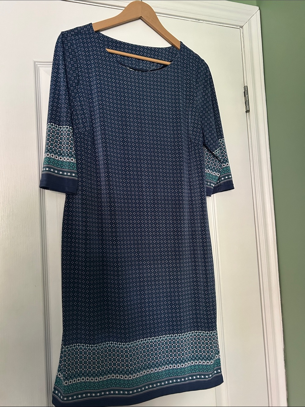 Navy Patterned Shift Dress with Border Detail